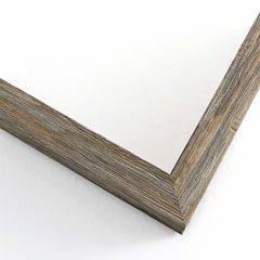 This aged medium stem barnwood style, shadow box frame features a mixture of grey and brown tones of shades, straight edges, and a 1 3/8 " rabbet.